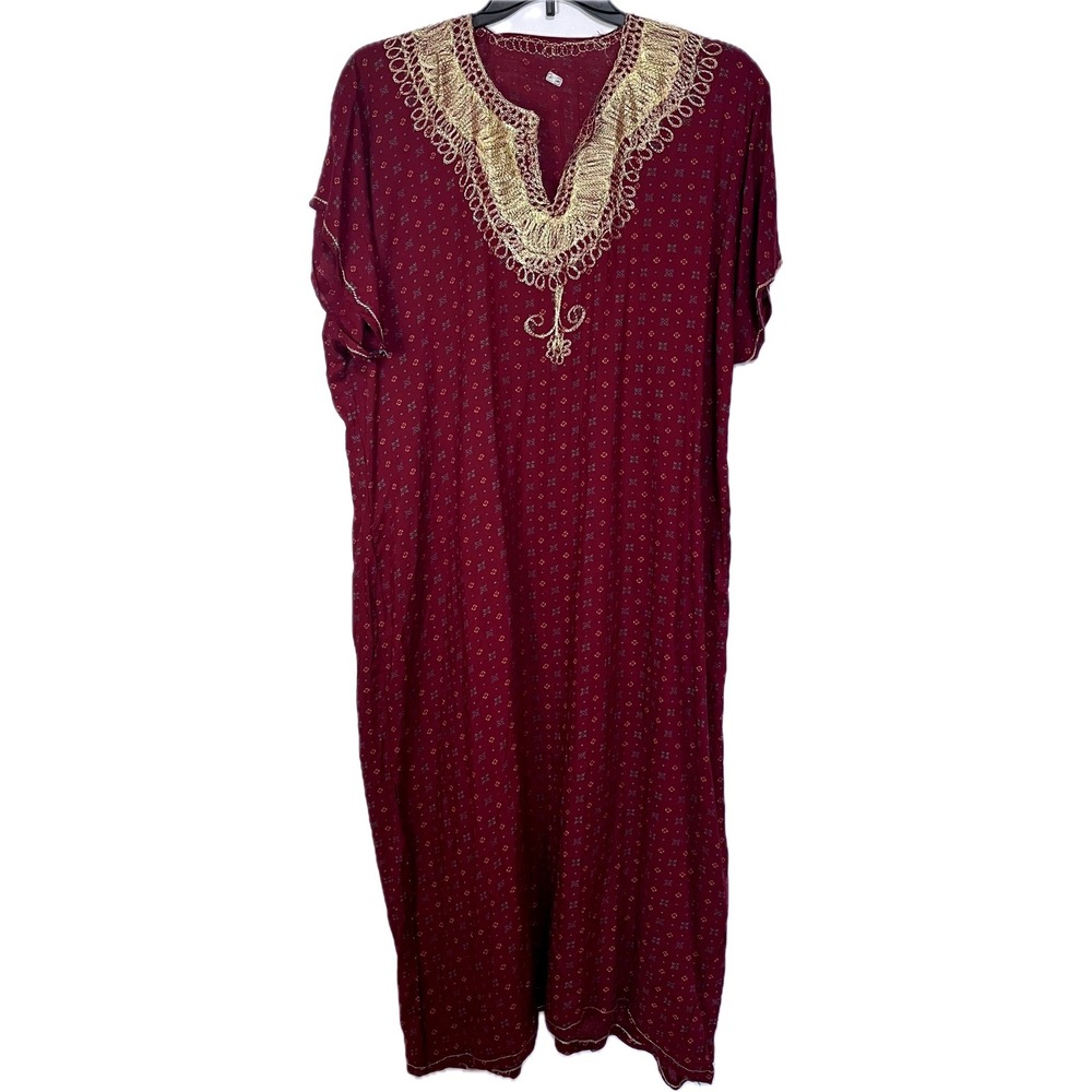 Handmade Burgundy Kaftan SARI Dress Gold Embroidered V-Neck Artisanal L / XL